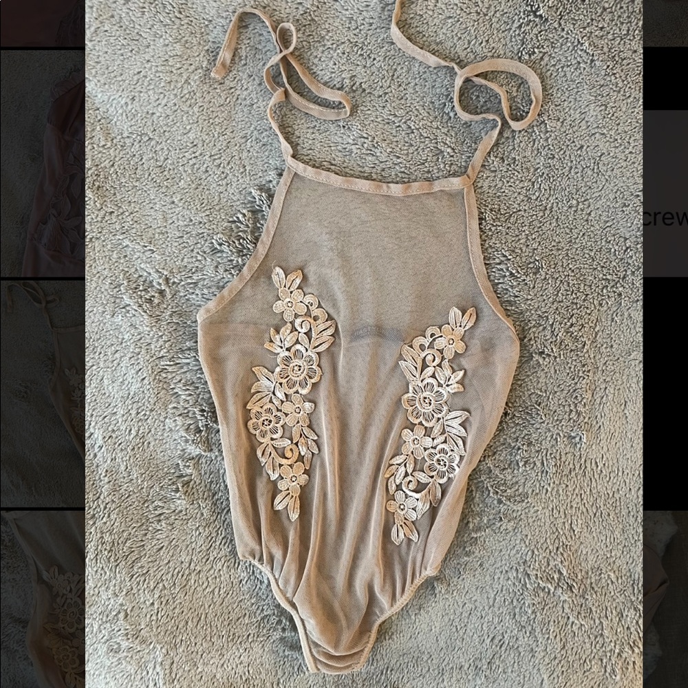 Mesh Halterneck Bodysuit Embroidered Top Flower